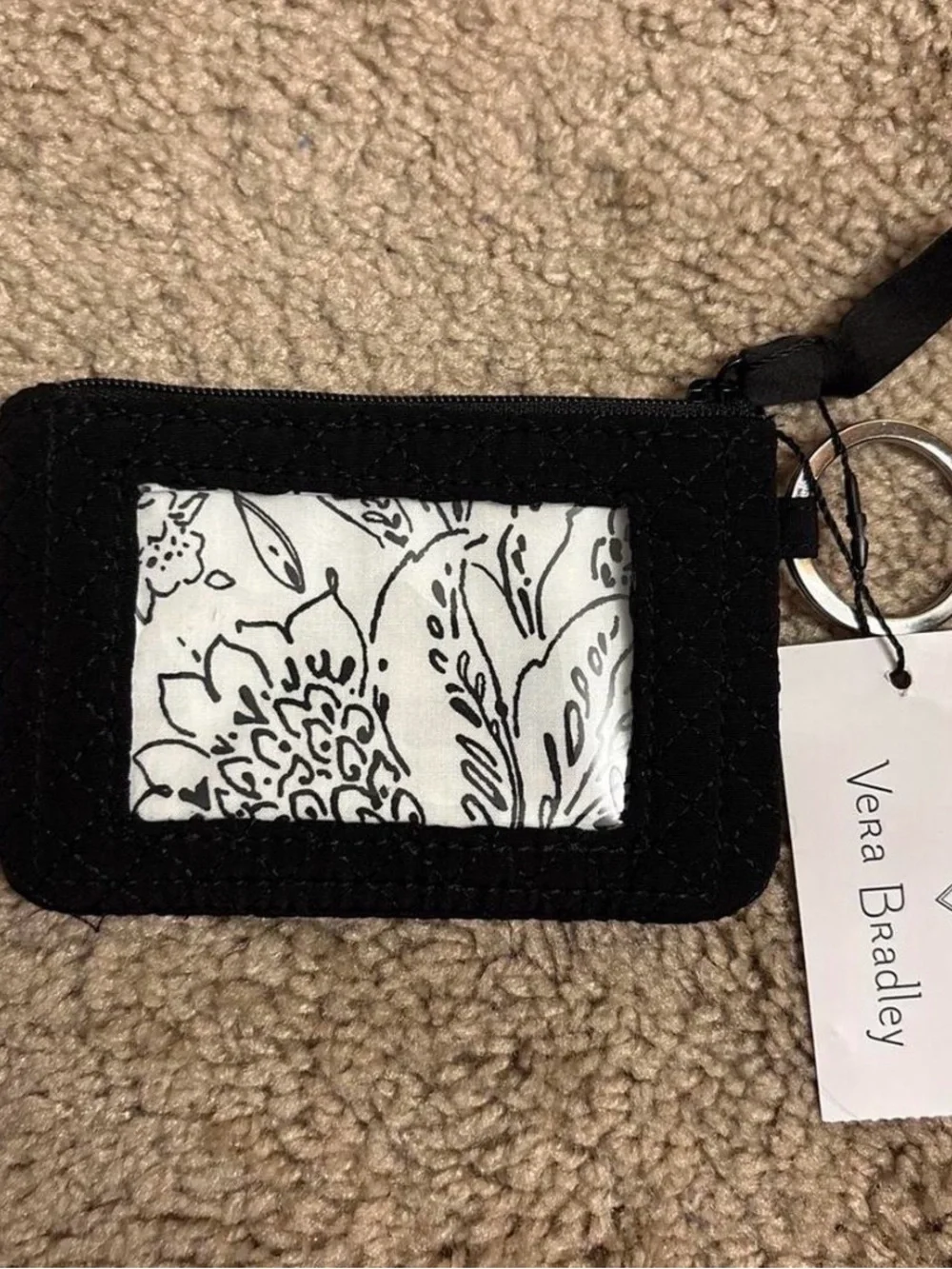 Vera Bradley Black Quilted ID Window Card Holder with Key Ring